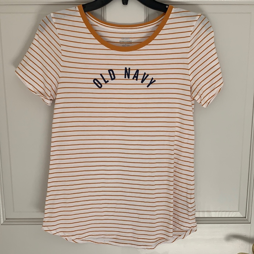 Old Navy Everywear Women’s Shirt Mustard Yellow and White Stripes with Navy Logo